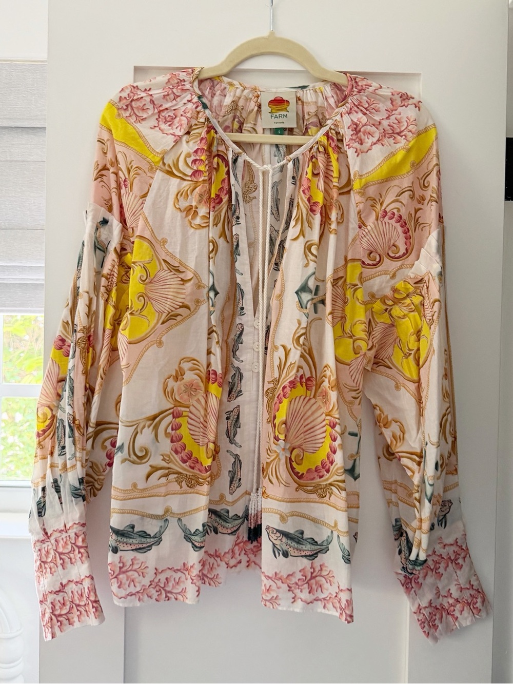 FARM Rio Pink, Yellow & Cream Seashell Print Peasant Blouse